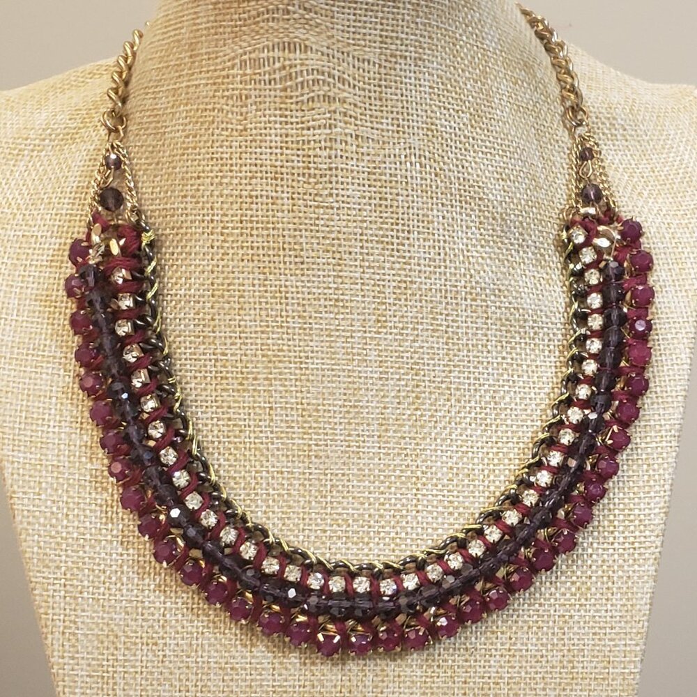 Purple, magenta, clear glass crystal rhinestones, gold tone bib vintage necklace